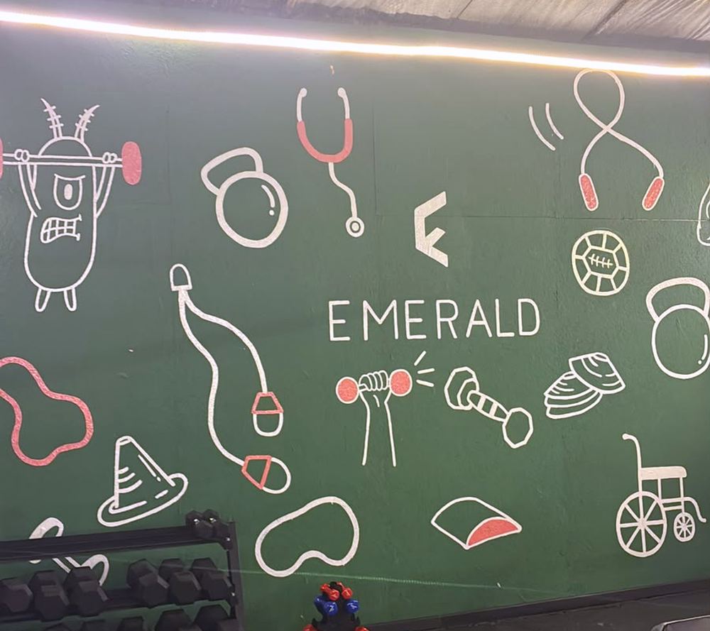 Mural pintado a mano en el muro verde de EMERALD